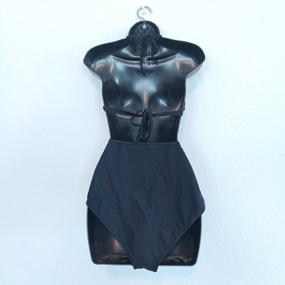 Black Floral Halter Top Tie High Waist Bikini two-piece Swimsuit Womens size XL - Picture 3 of 5